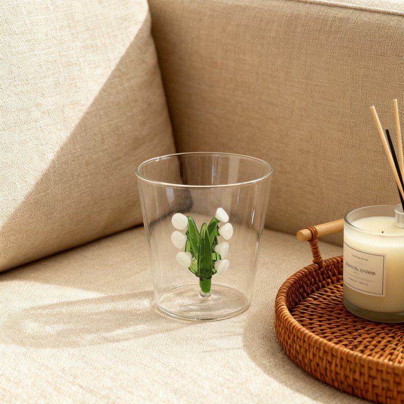 3D drinking glass with three-dimensional lily of the valley plant 370ML factory OEM&ODM Vaso 3D con planta tridimensional de lirio de los valles 370ML fábrica OEM y ODM