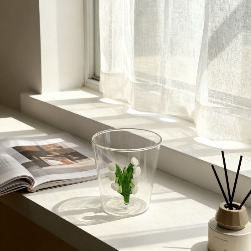 3D drinking glass with three-dimensional lily of the valley plant 370ML manufacturer Vaso 3D con planta tridimensional de lirio de los valles 370ML fabricante