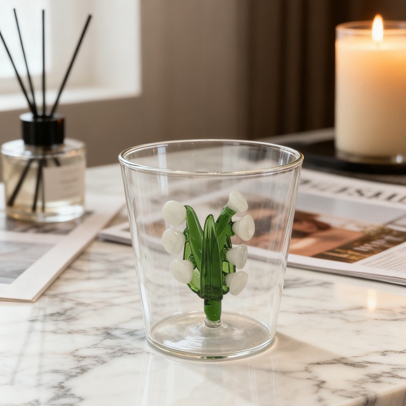 Wholesale 3D drinking glass with three-dimensional lily of the valley plant 370ML factoery Venta al por mayor Vaso 3D con planta tridimensional de lirio de los valles 370ML fábrica