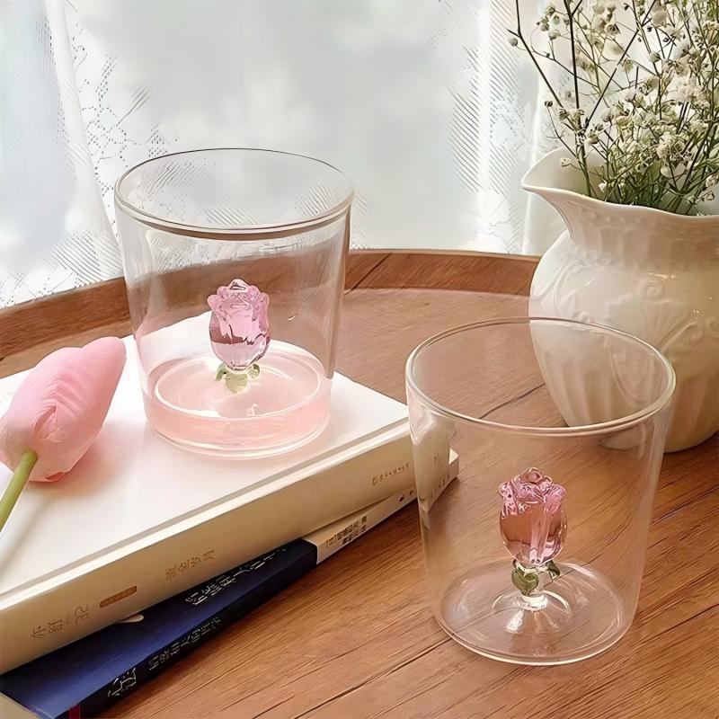 accesorios de rosas al por mayor Vaso de vidrio para beber 3D de 350 ml que incluye accesorios para rosas 